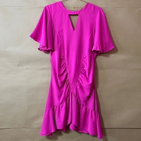 Le Superbe | Waikiki Ruched Mini Dress Hot Pink Ruffle Flutter Sleeve Size 6 - Picture 1 of 15